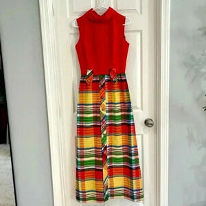 VTG 60s 70s Parade New York Women Maxi Dress Red Plaid Gold Buttons Sleeveless